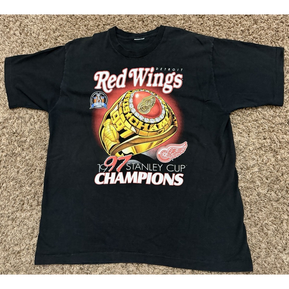 VINTAGE 90s Detroit Red Wings Champions Ring Pro Player T-Shirt sz XL